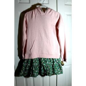 Boden Girl's Pink Sweatshirt Dress w/ Attached Green Floral Skirt sz 13Y-14Y